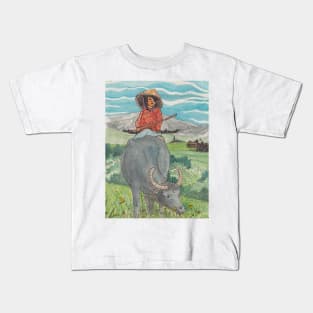 Girl Rides On Water Buffalo Vietnam Countryside Kids T-Shirt